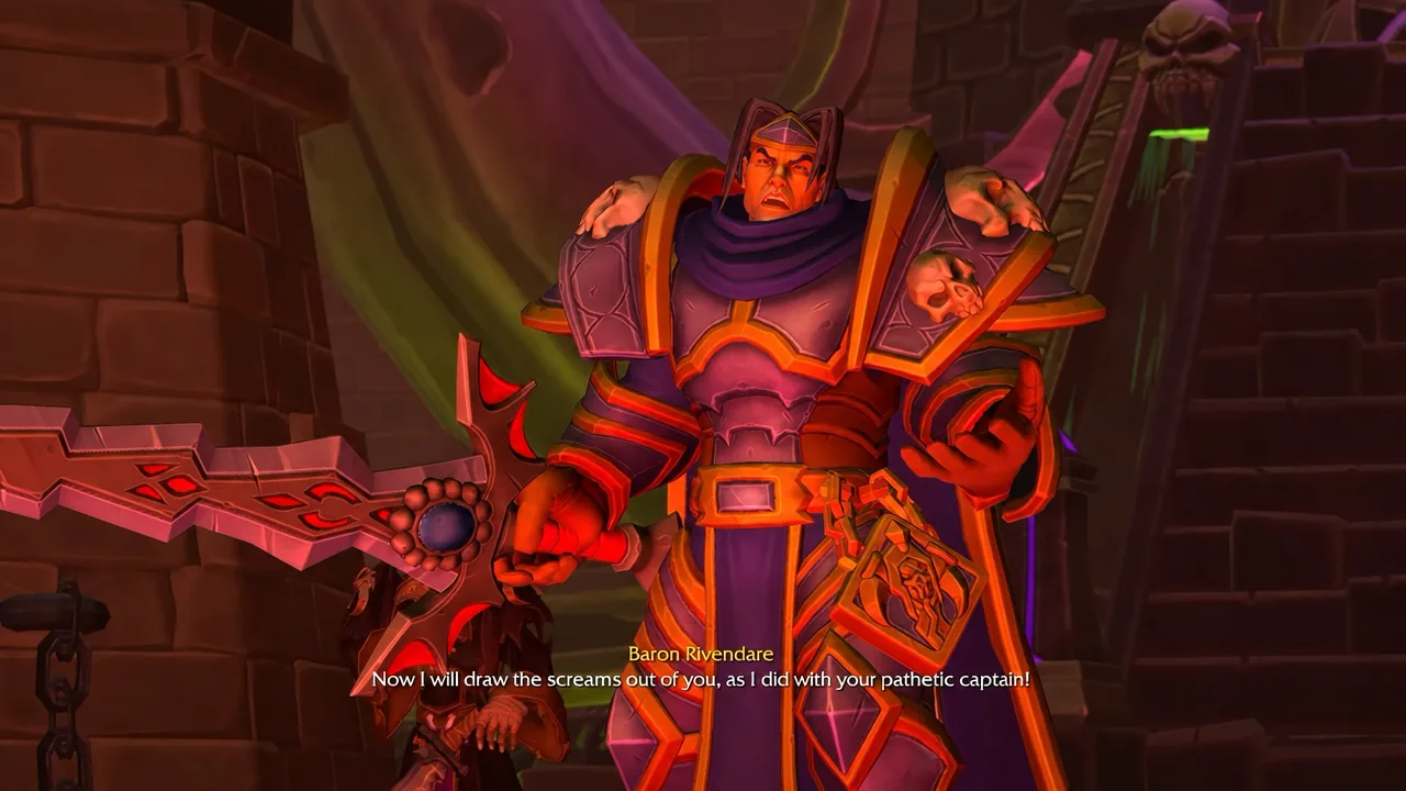 Baron Rivendare speaks in his tower chamber with subtitles shown during the confrontation cutscene
