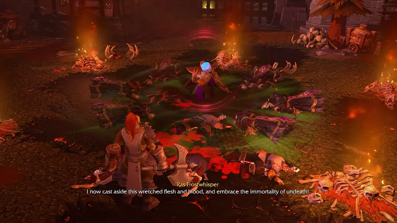Ras Frostwhisper casts a spell among the fallen as he embraces undeath in the cutscene