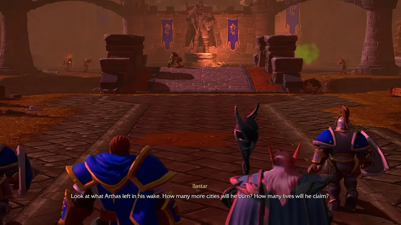 Ilastar speaks in a cutscene as the strike team looks over the burning ruins of Stratholme