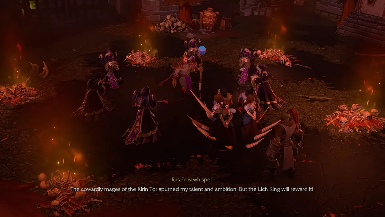 Ras Frostwhisper stands over a captive surrounded by acolytes during the ritual cutscene
