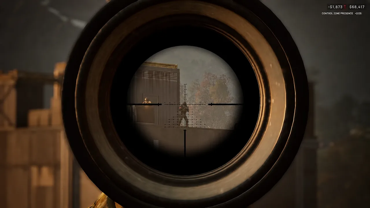 Sniper scope crosshairs lined up on a distant enemy in WARDOGS