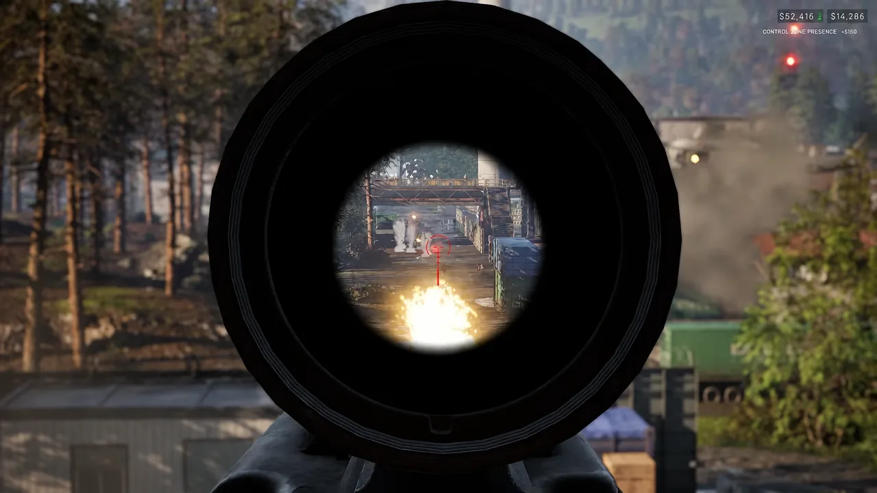 Aiming down a rifle scope at an enemy standing on a bridge in WARDOGS
