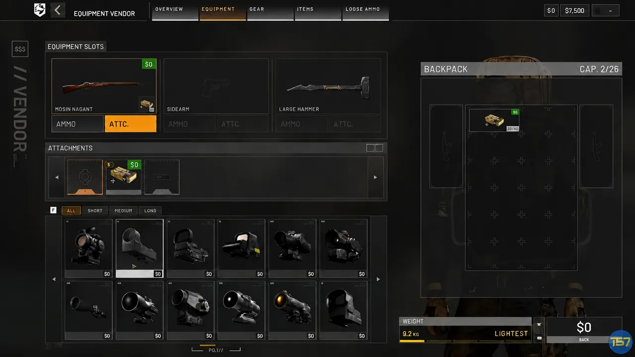 Equipment Vendor screen with the first attachment slot selected while browsing available optics