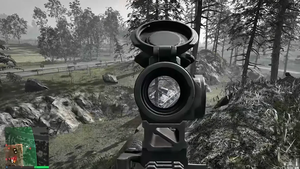 First-person view aiming down a rifle optic across open terrain in WARDOGS