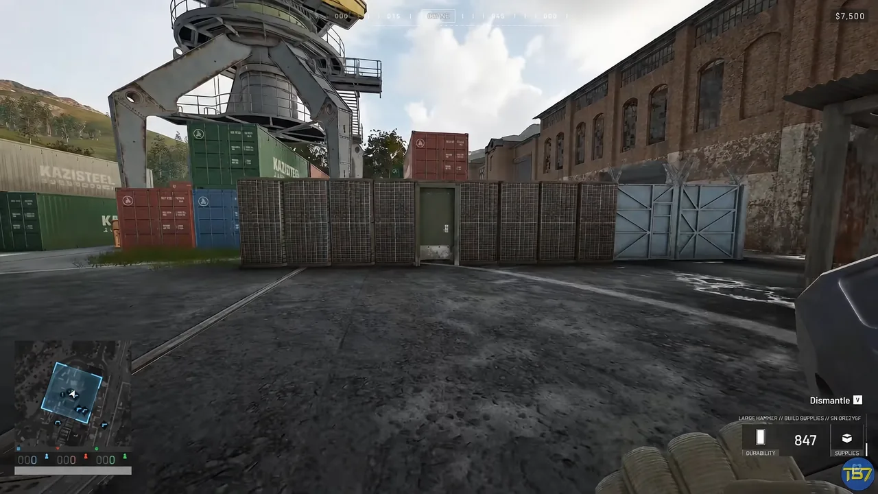On-screen Dismantle prompt for the Lancer Hammer while facing a built barricade