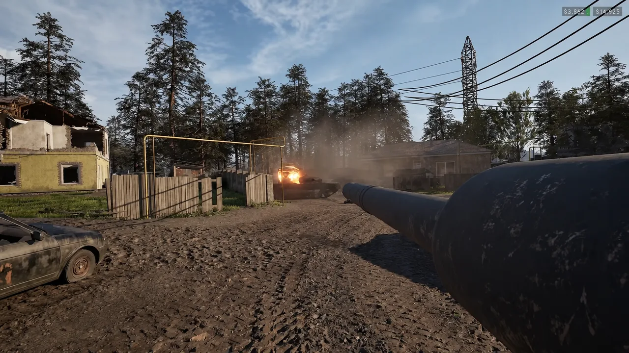 Tank cannon firing at a burning vehicle in a village street in WARDOGS