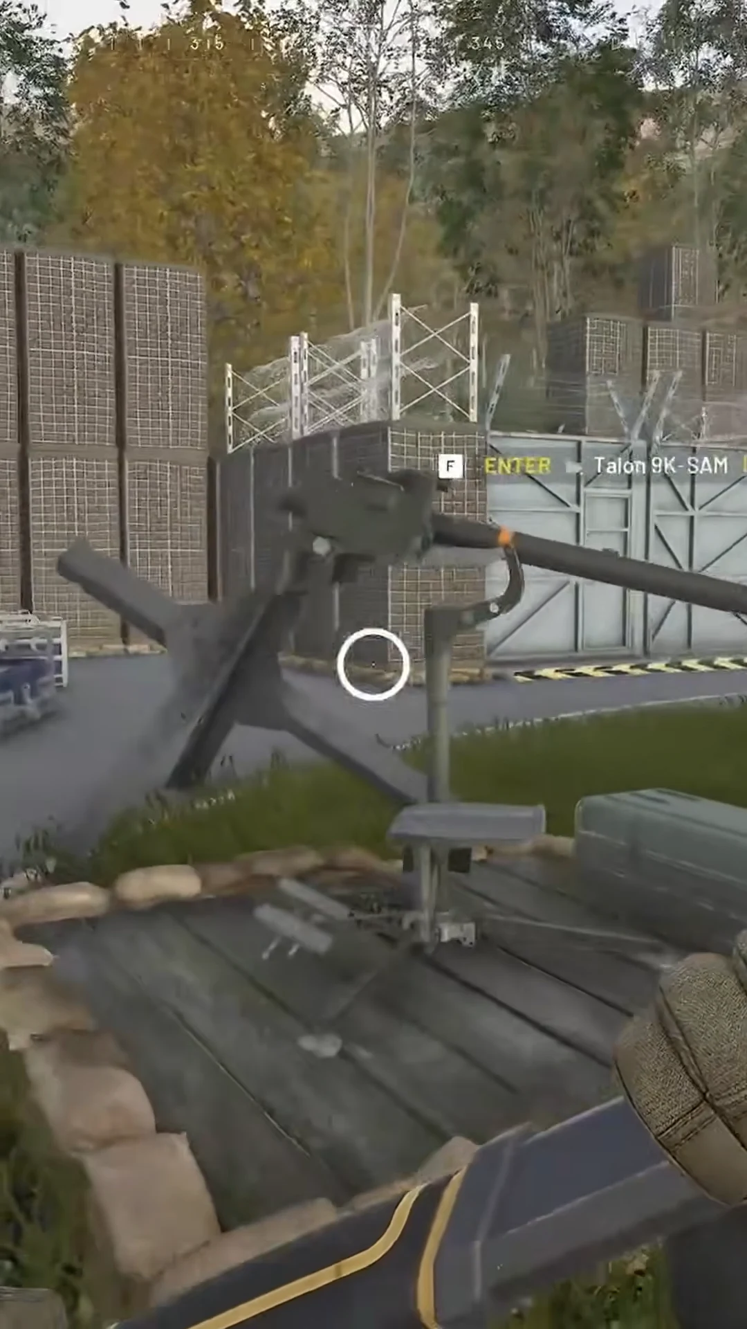Interaction prompt to enter a mounted Talon 9K-SAM anti-air launcher on a raised emplacement