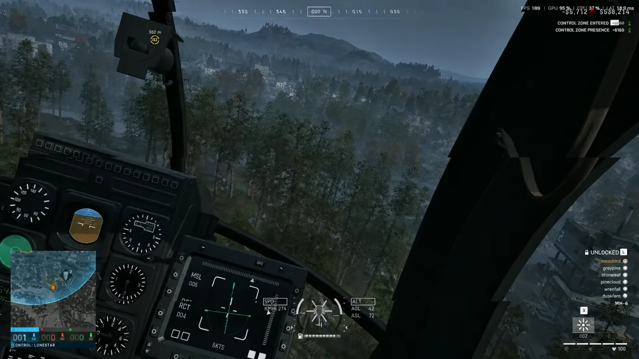 Helicopter cockpit HUD showing an objective marker at 382 meters over mountain terrain