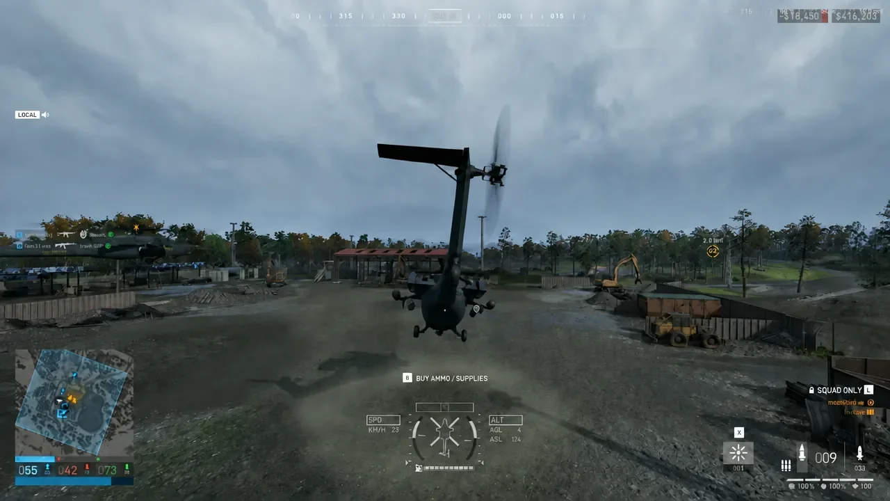 Gameplay HUD tracking a highlighted target from the helicopter during a sweep over the objective