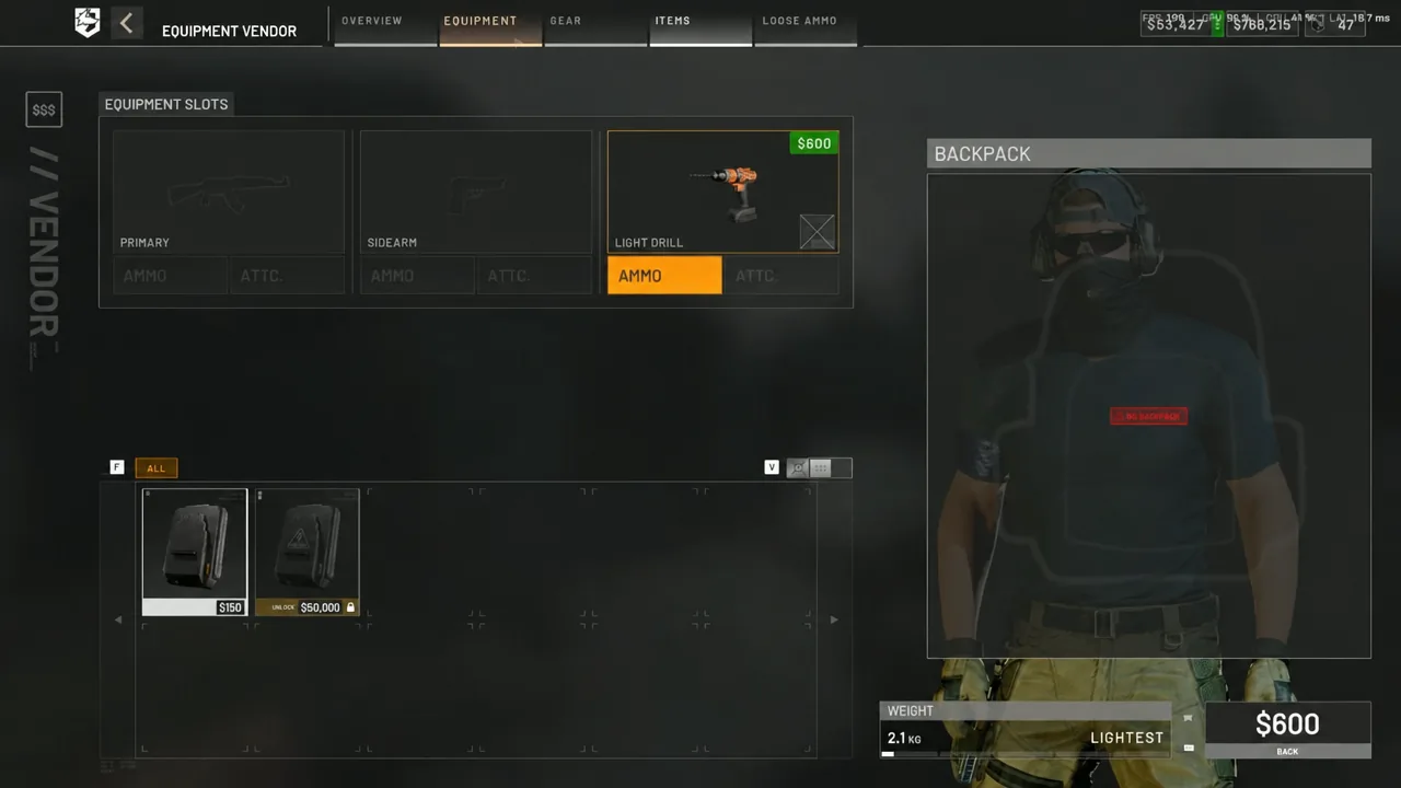 Equipment vendor screen with the Light Drill ammo option highlighted in the equipment tab