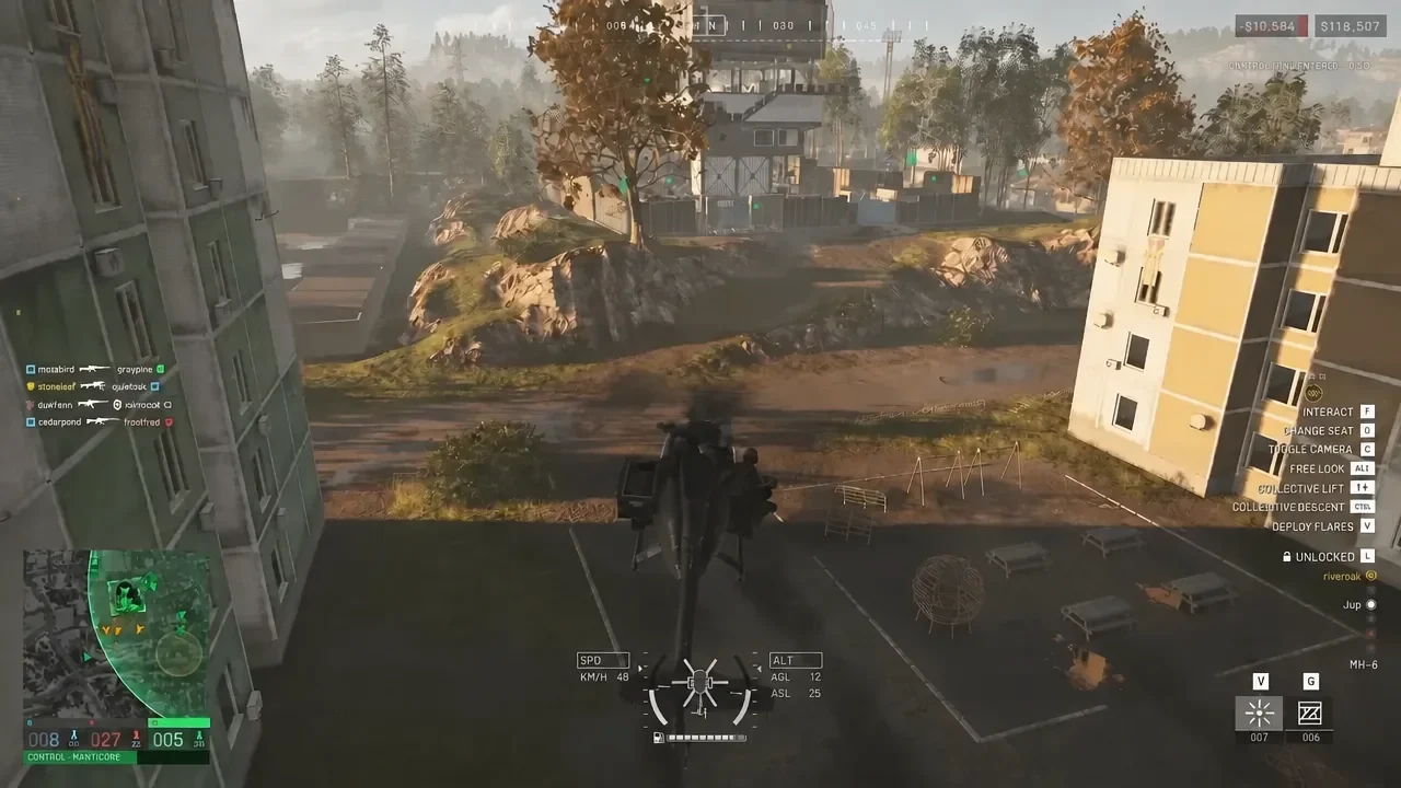 MH-6 helicopter hovering in the flight HUD with the V key flare deployment prompt on screen