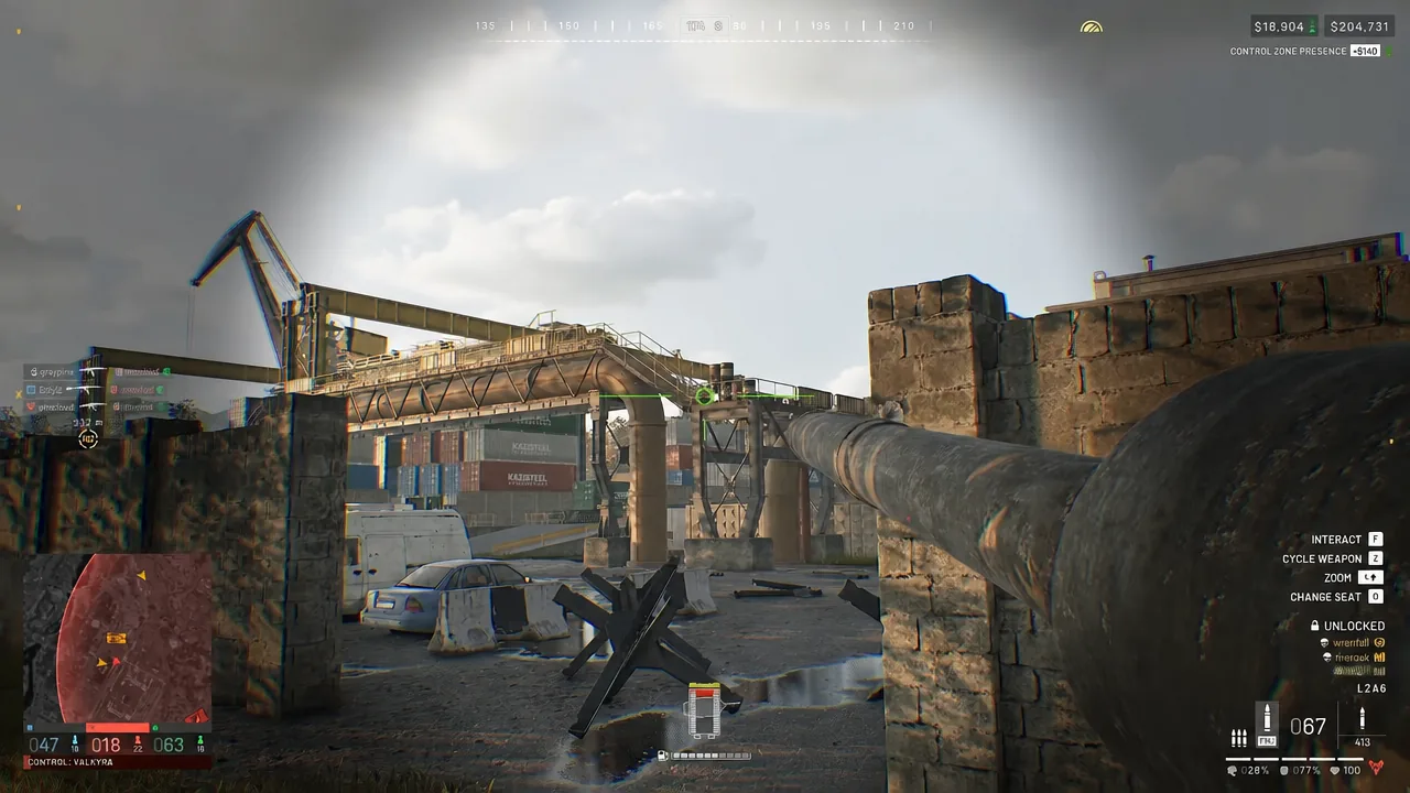 Mounted vehicle cannon aimed across a yard with Interact, Cycle Weapon, Zoom and Change Seat prompts