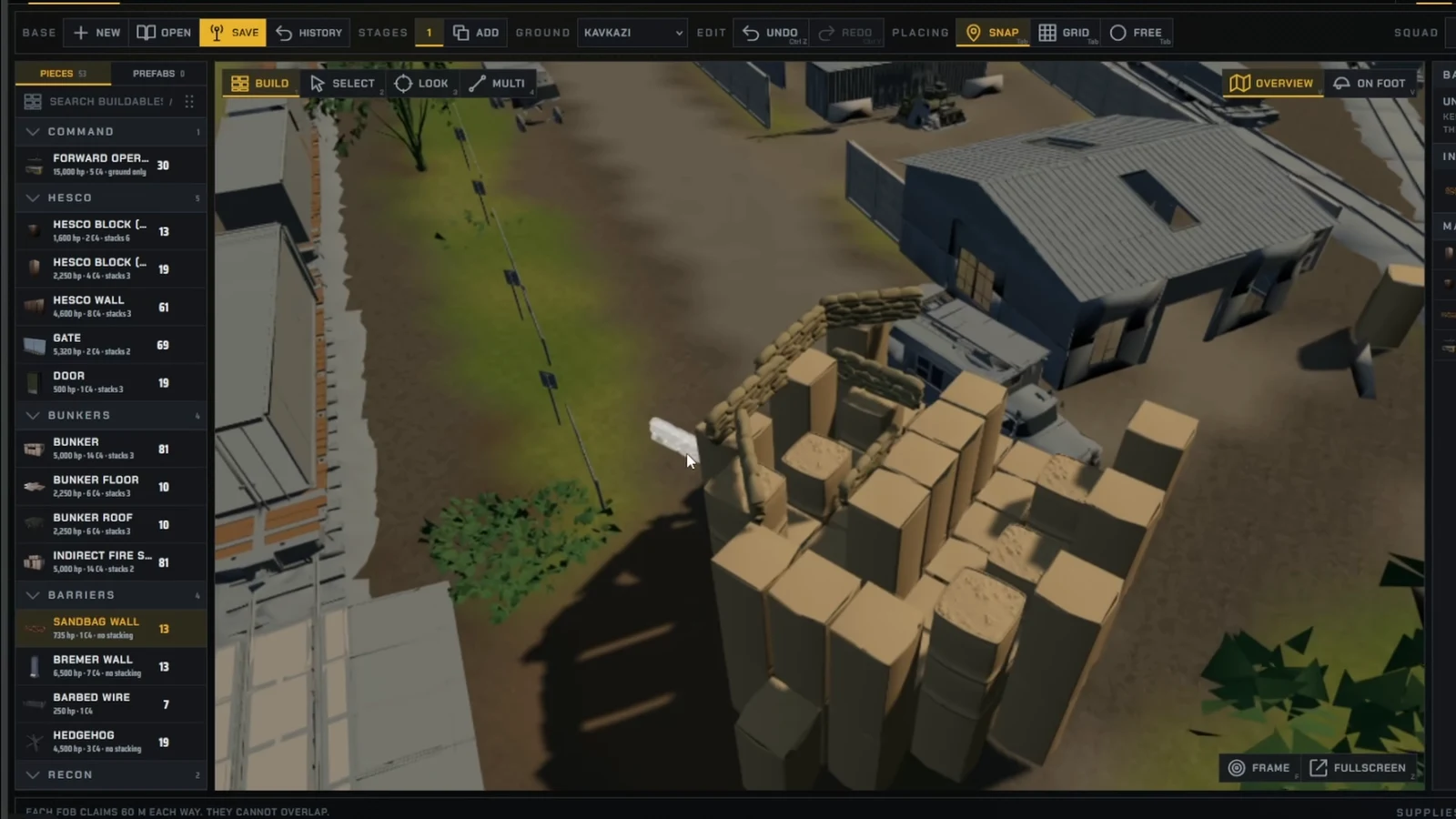 Sandbag Wall selected in the build editor while positioning a segment around a bunker