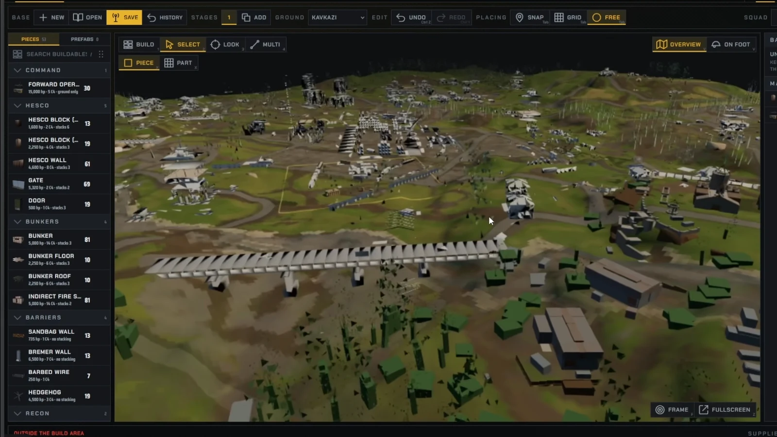 Base planner overhead view of the Kavkazi ground with the Select tool active on the Piece tab