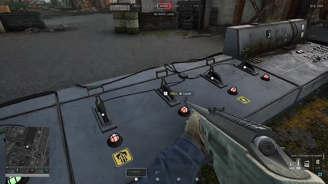 On-screen F PULL Lever prompt beside an electrical lever during No Man's Land gameplay
