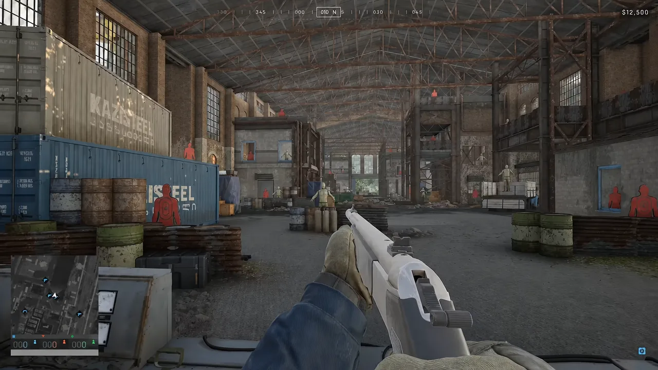 Rifle aimed downrange inside the warehouse training arena in WARDOGS