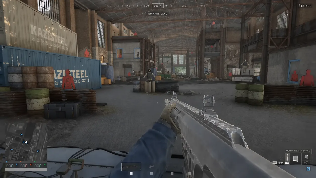 Assault rifle aimed in the warehouse with weapon slot 1 highlighted on the HUD