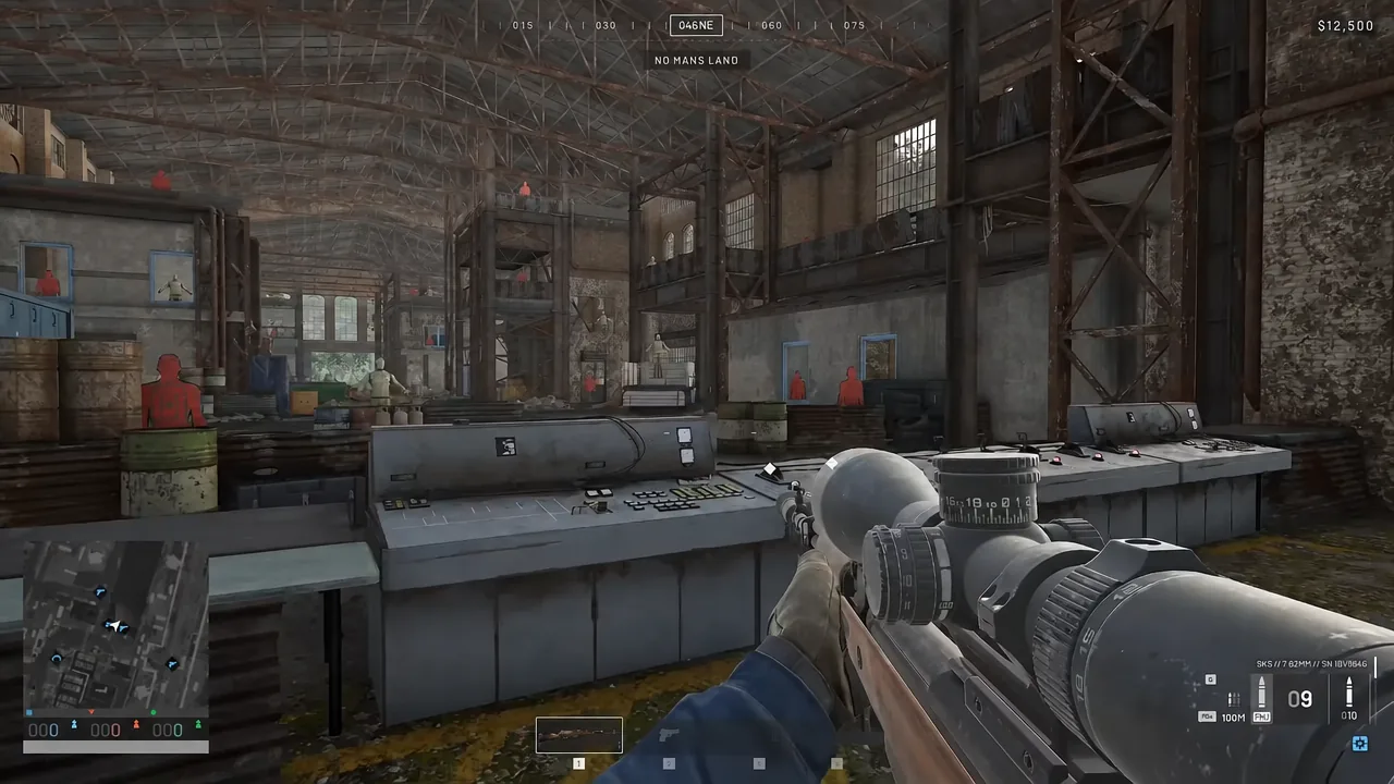 Player aiming a scoped marksman rifle down a long lane inside an industrial warehouse