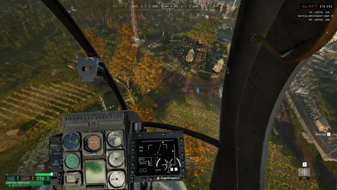 Helicopter cockpit HUD in flight over open terrain showing heading, altitude and status readouts