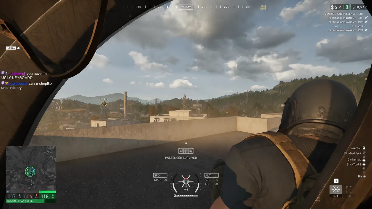 PASSENGER SURVIVED notification on screen while piloting an MH-6 with a seated passenger