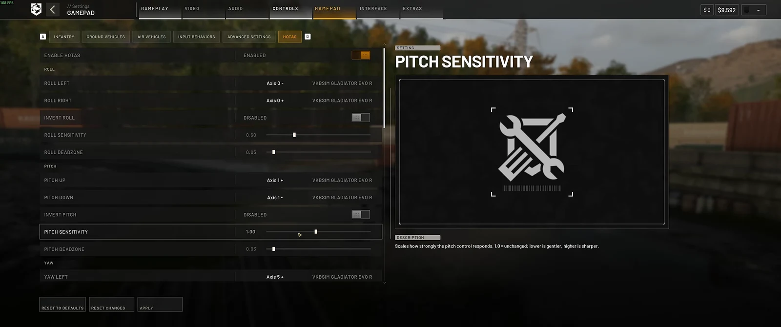 HOTAS settings sub-tab with the Pitch Sensitivity slider highlighted at 1.00