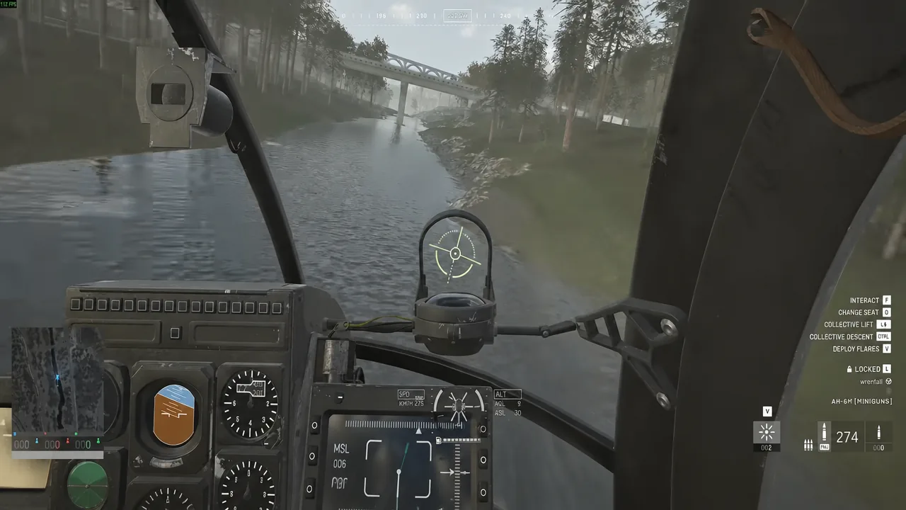 AH-6M cockpit HUD with miniguns equipped while flying low along a river