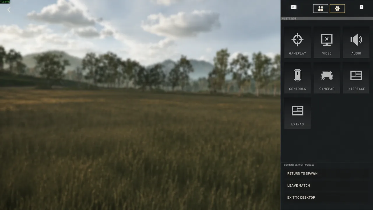 WARDOGS settings menu with the gear tab open showing gameplay, video, audio, controls and gamepad options