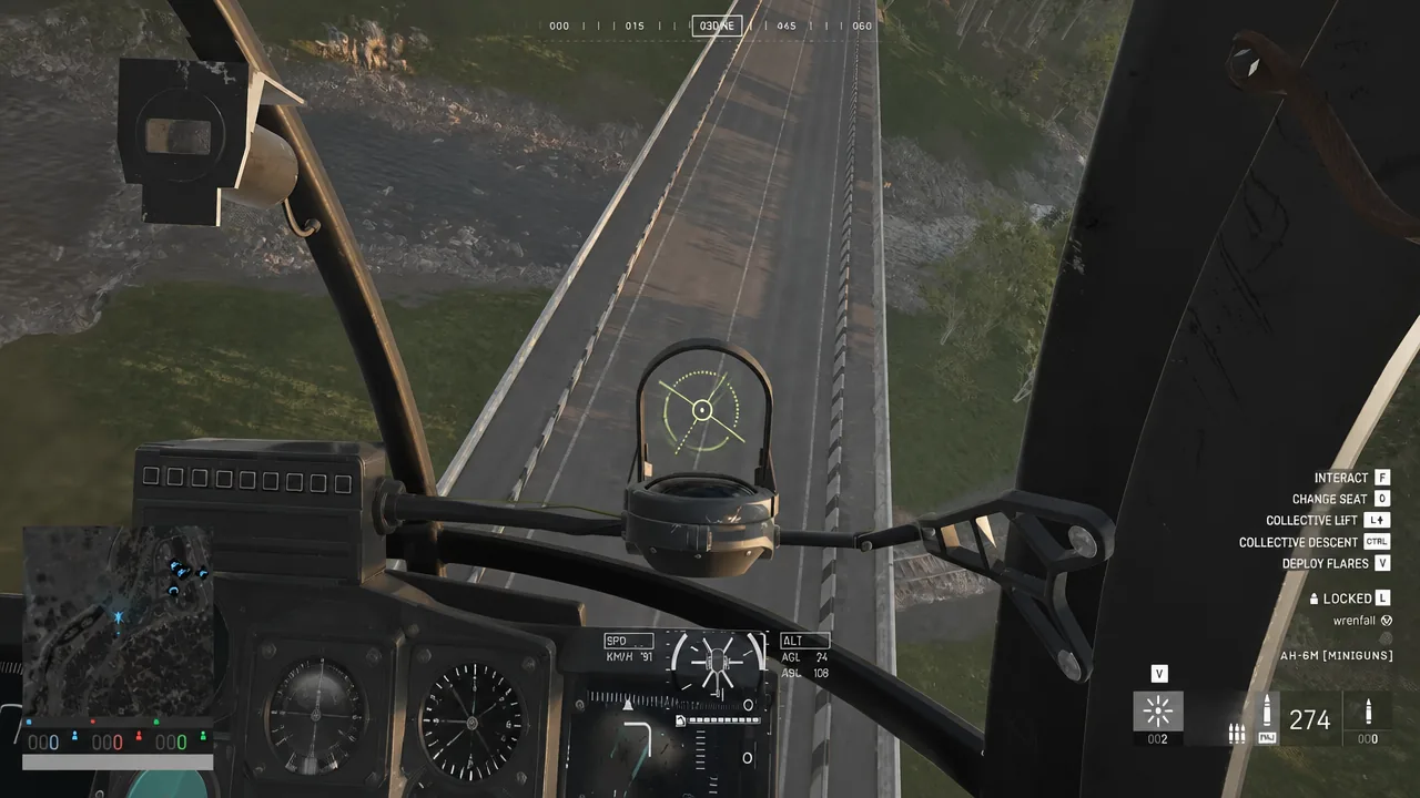 Helicopter cockpit HUD in flight over a bridge with the INTERACT F prompt showing