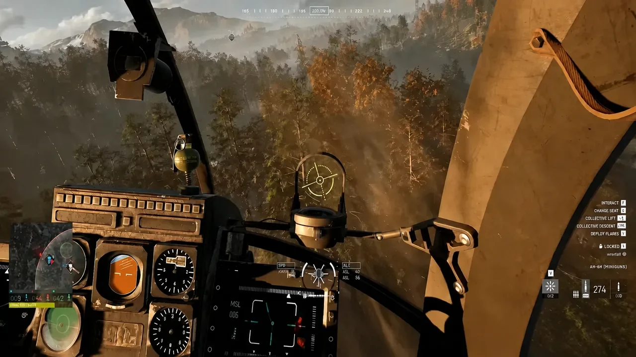 Cockpit HUD in flight showing Interact, Change Seat and Collective Lift and Descent prompts