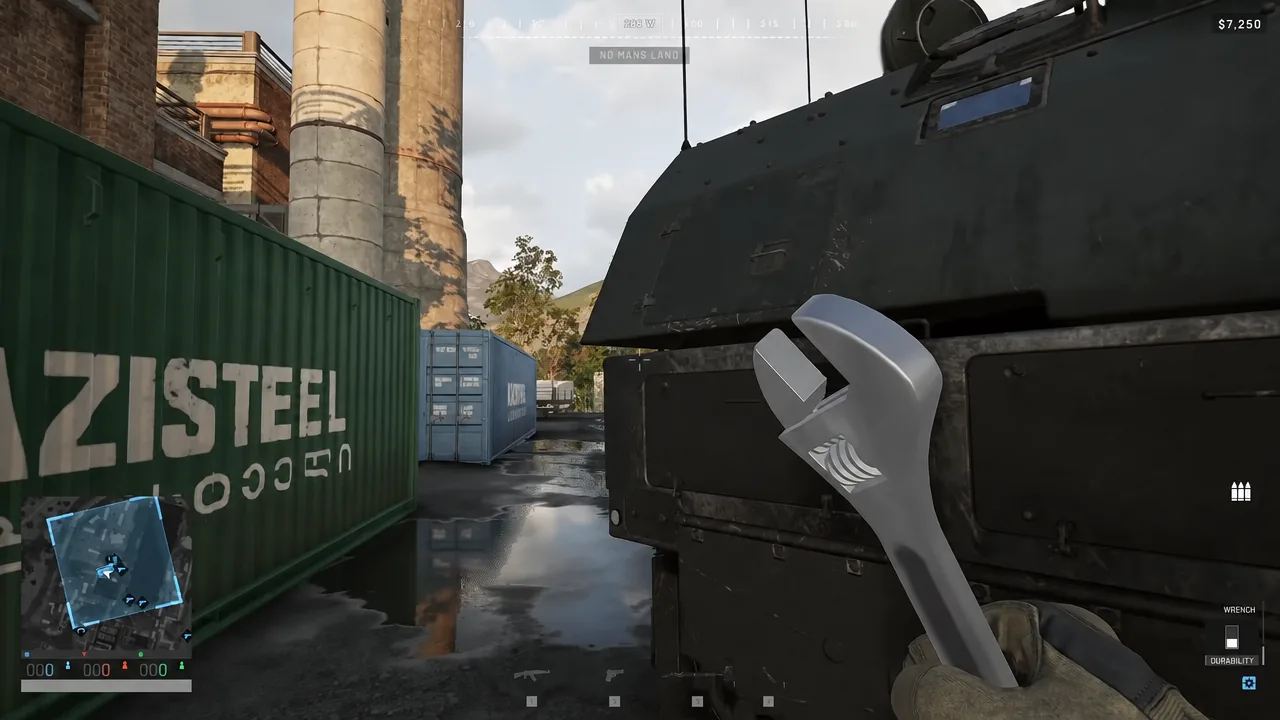 First-person view holding the WRENCH while crossing an industrial container yard