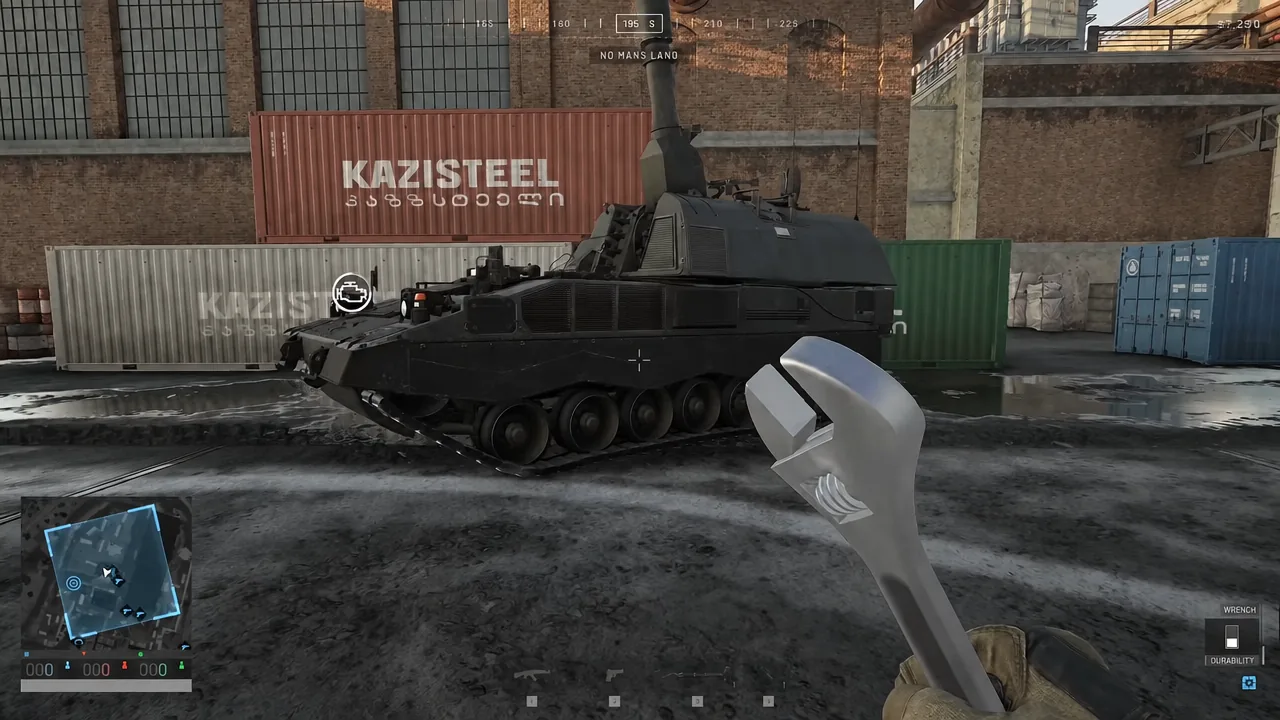 Player repairing the side of an armored vehicle with the wrench equipped