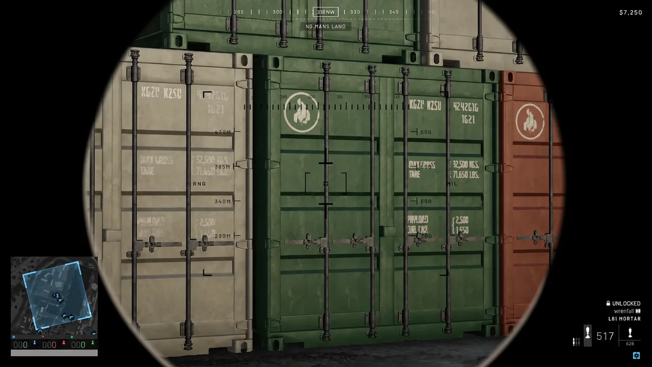 L81 mortar optic lined up on a stack of shipping containers with range and mil readouts visible