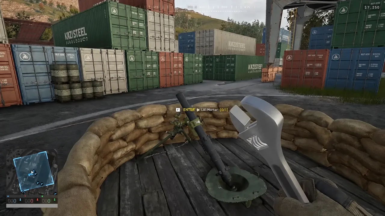 The F ENTER prompt appears next to an emplaced L81 Mortar in its sandbagged pit