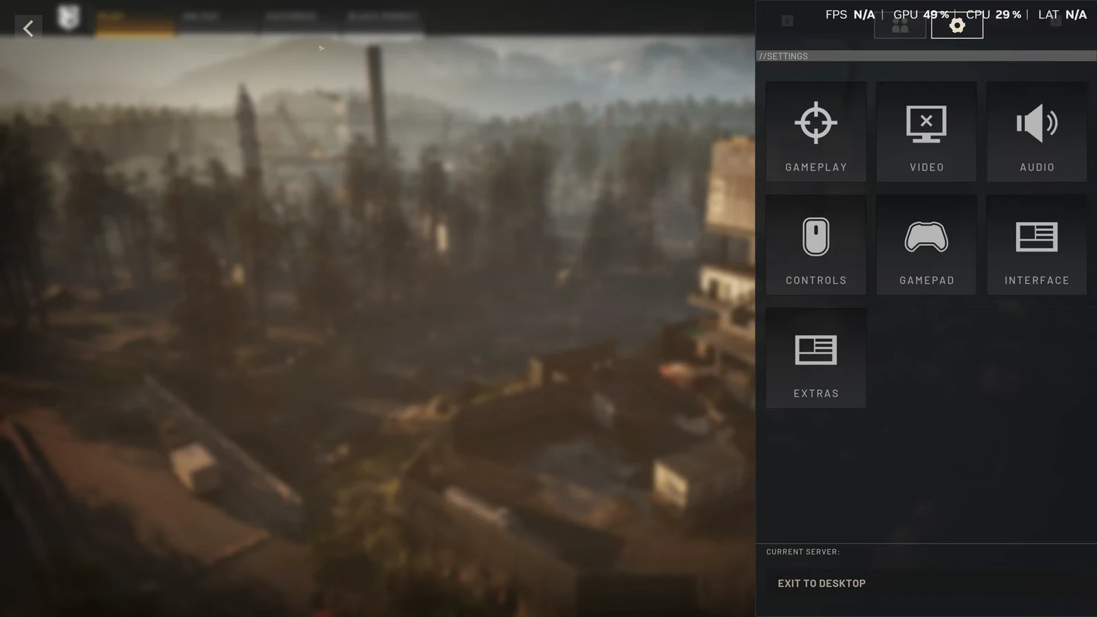 WARDOGS settings menu showing Gameplay, Video, Audio, Controls, Gamepad, Interface and Extras tiles