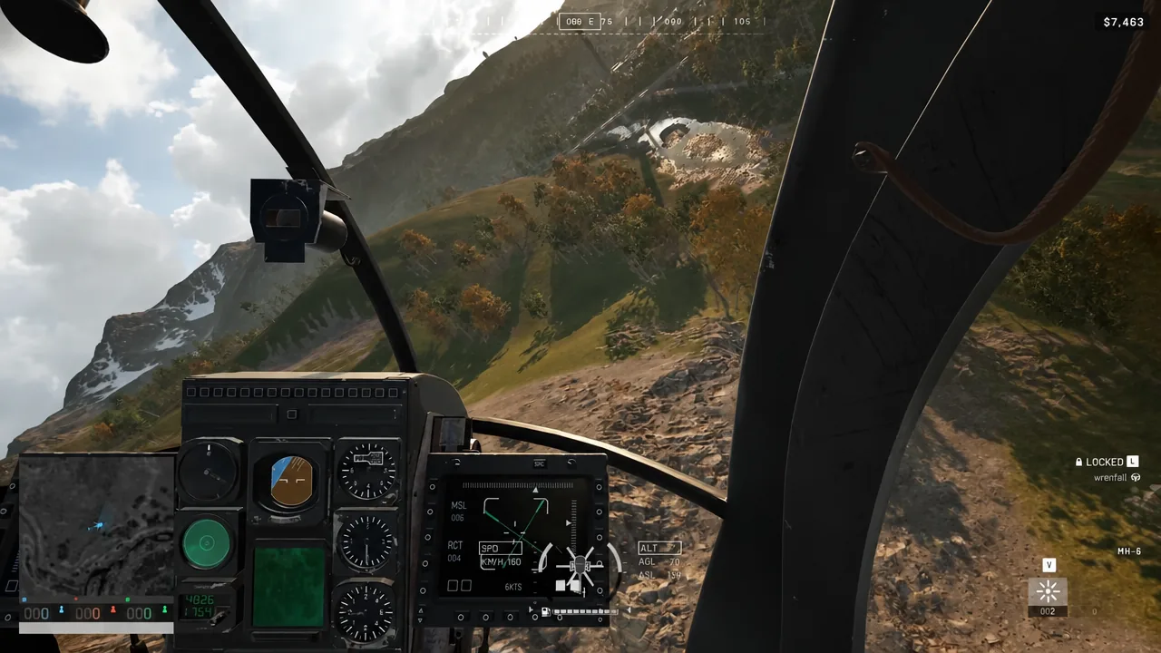 First-person helicopter view over mountains while holding pitch, yaw, and roll for a Chop Flip