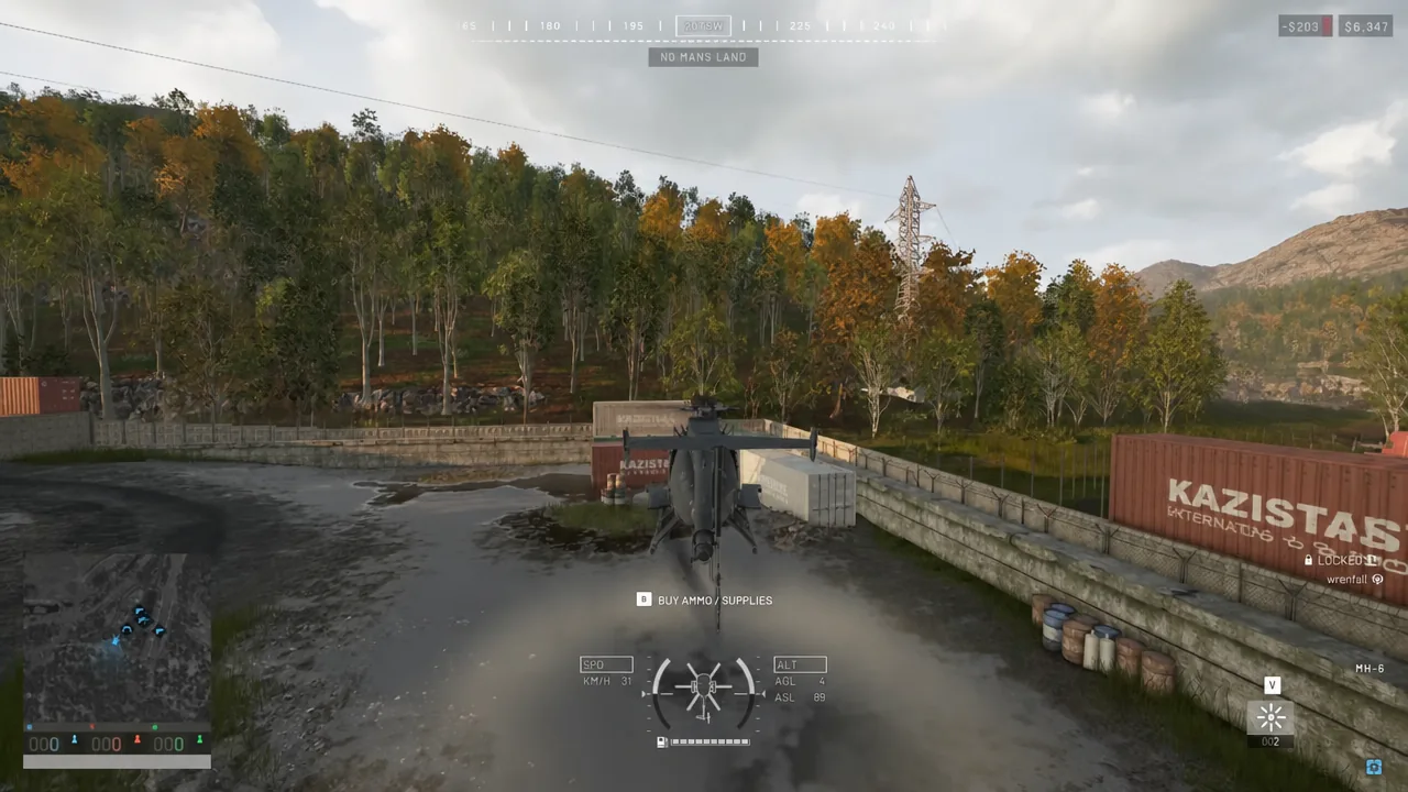 Low-altitude helicopter flight showing smooth pitch corrections from mouse-bound controls