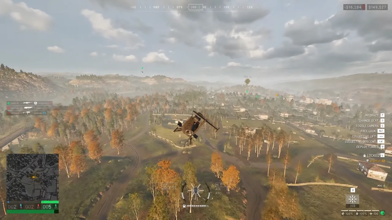 MH-6 helicopter flying low over the Wardogs map with the pilot HUD on the right side