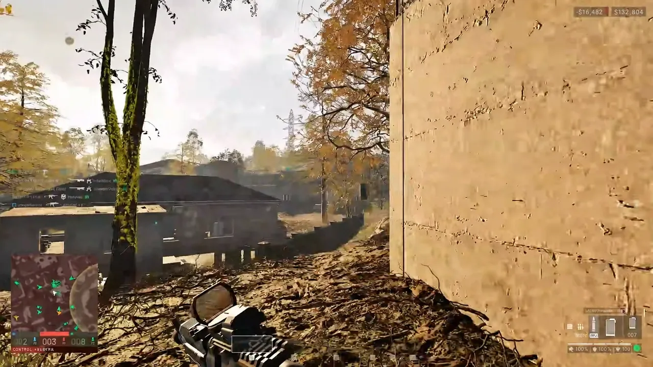 Player aiming a rifle around the corner of a building with minimap, health and ammo readouts on screen