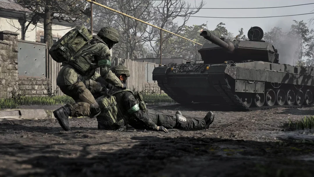 A medic reviving a downed teammate beside a tank in WARDOGS