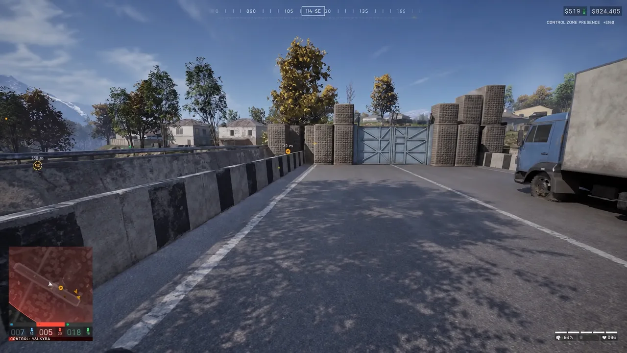 Objective marker showing 20 m ahead as the player approaches a player-built barrier across a road