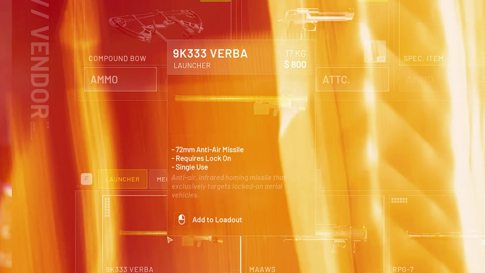 An orange weapon vendor menu displays the 9K335 Verba launcher with ammunition and loadout details.