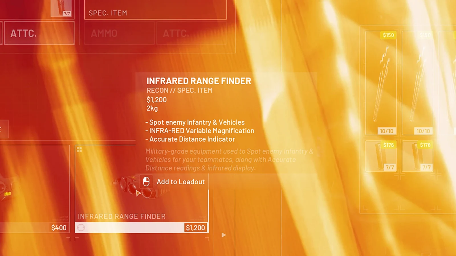 The inventory menu displays an infrared range finder as a special item over an orange-tinted game interface.