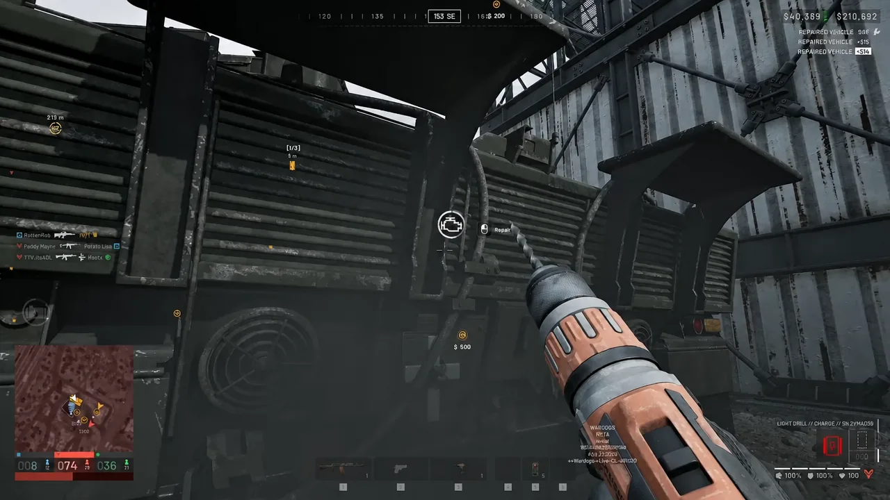 Player repairing a vehicle with a handheld drill as the Repair prompt appears on the WARDOGS HUD