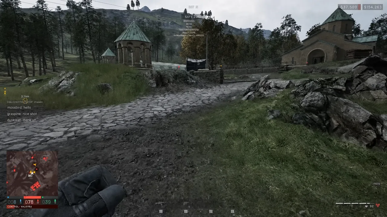 First-person view moving unarmed through the WARDOGS safe zone toward a monastery