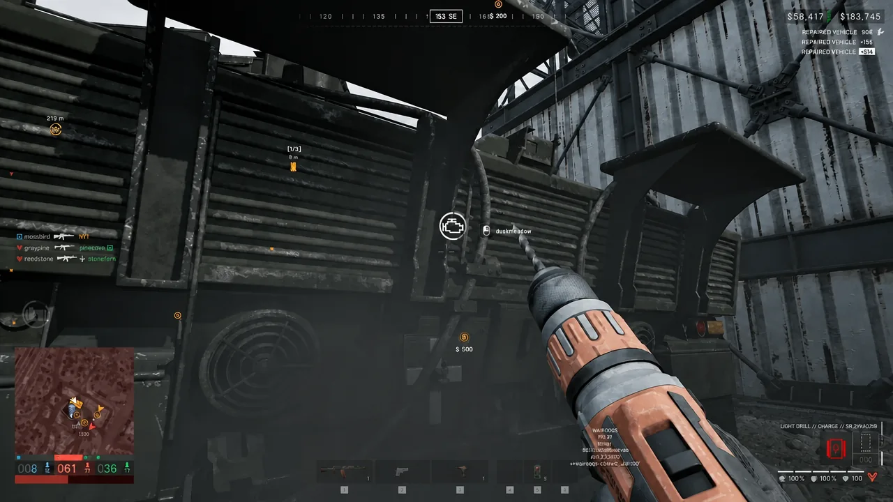 Player repairing a vehicle with a handheld drill as the Repair prompt appears on the WARDOGS HUD