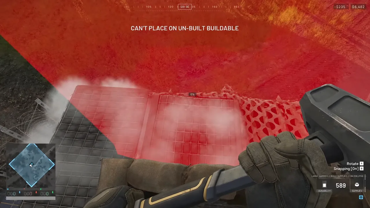 Red invalid placement preview while trying to build on an unfinished structure piece