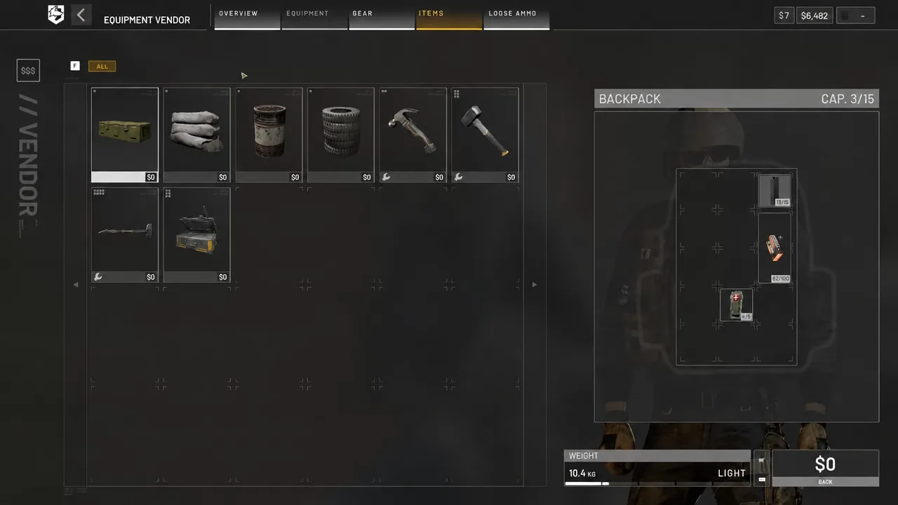 Equipment Vendor menu open on the ITEMS tab with purchasable gear cards and backpack space