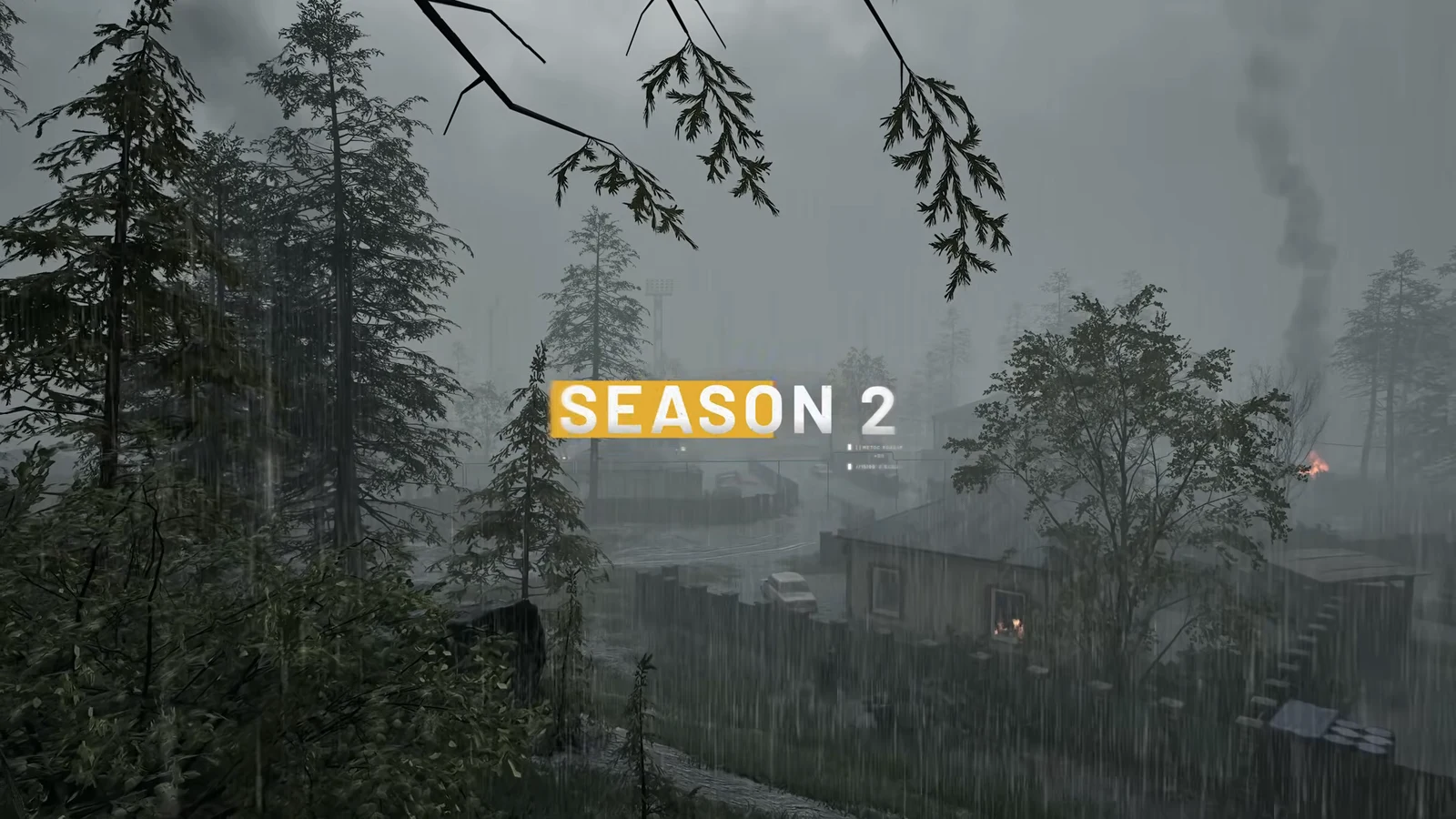 Stormy, rain-soaked view of the same village with SEASON 2 title text centered
