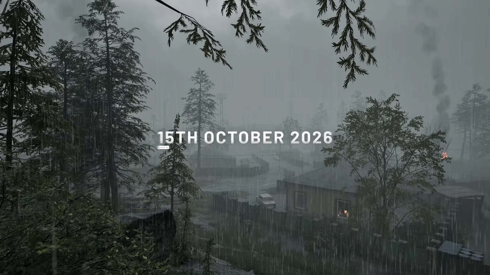 A military helicopter flying over the rainy village as the release date appears