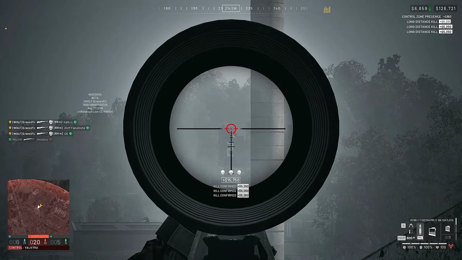 Sniper scope centered on a distant target with KILL CONFIRMED rewards on screen